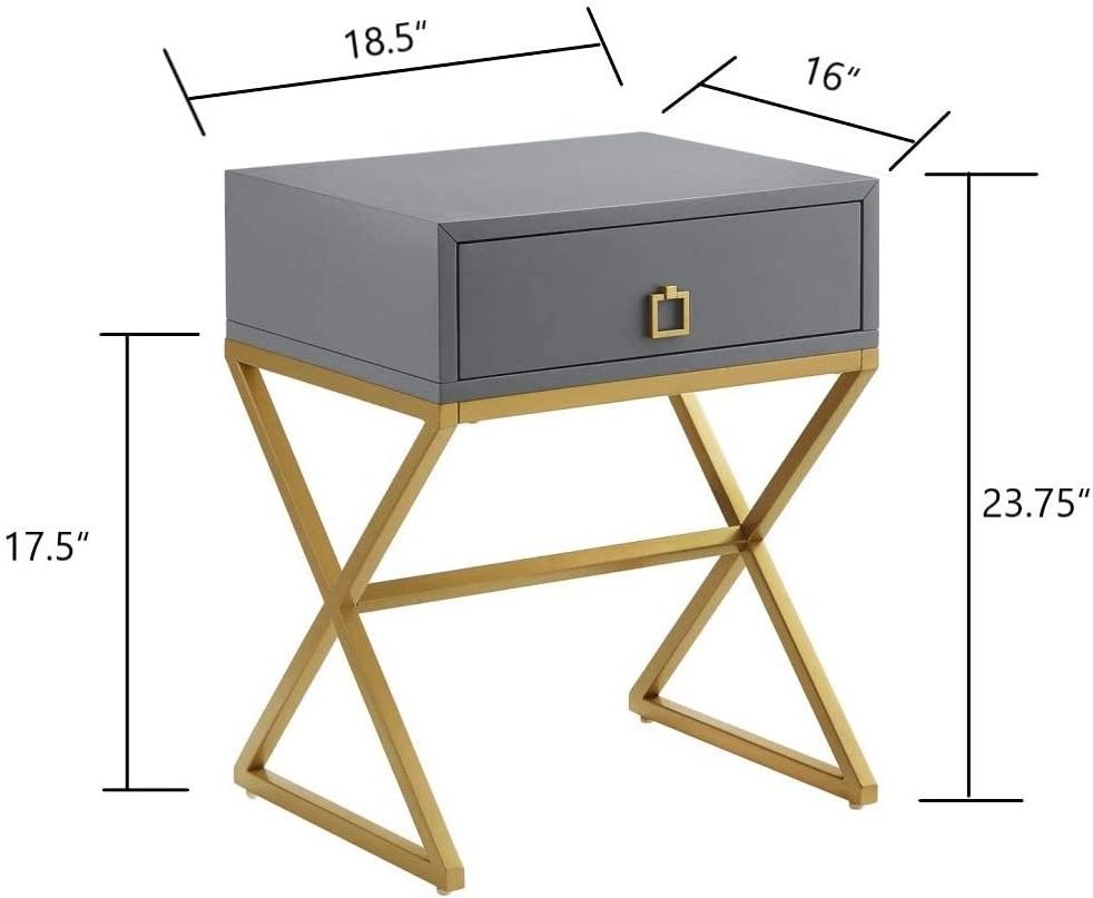 Modern Side Table with Drawer, Nightstand End Table with Lacquer Finish & X-shape Golden Metal Base-gray/golden Home Furniture