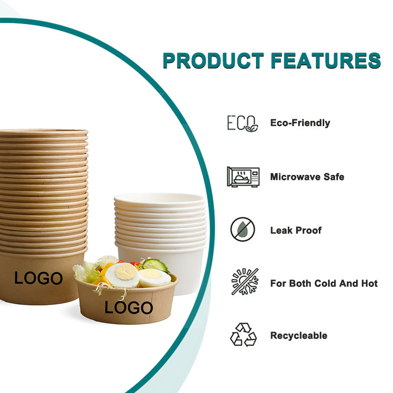 100% Eco Friendly Takeaway Fast Food Container Packaging Box Disposable Container Salad Kraft Paper Bowl With Lid LOGO