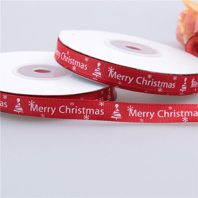 Red 1cm Wide Merry Christmas Ribbons Printed Grosgrain Ribbons Red Polyester Gift Ribbon Wholesale