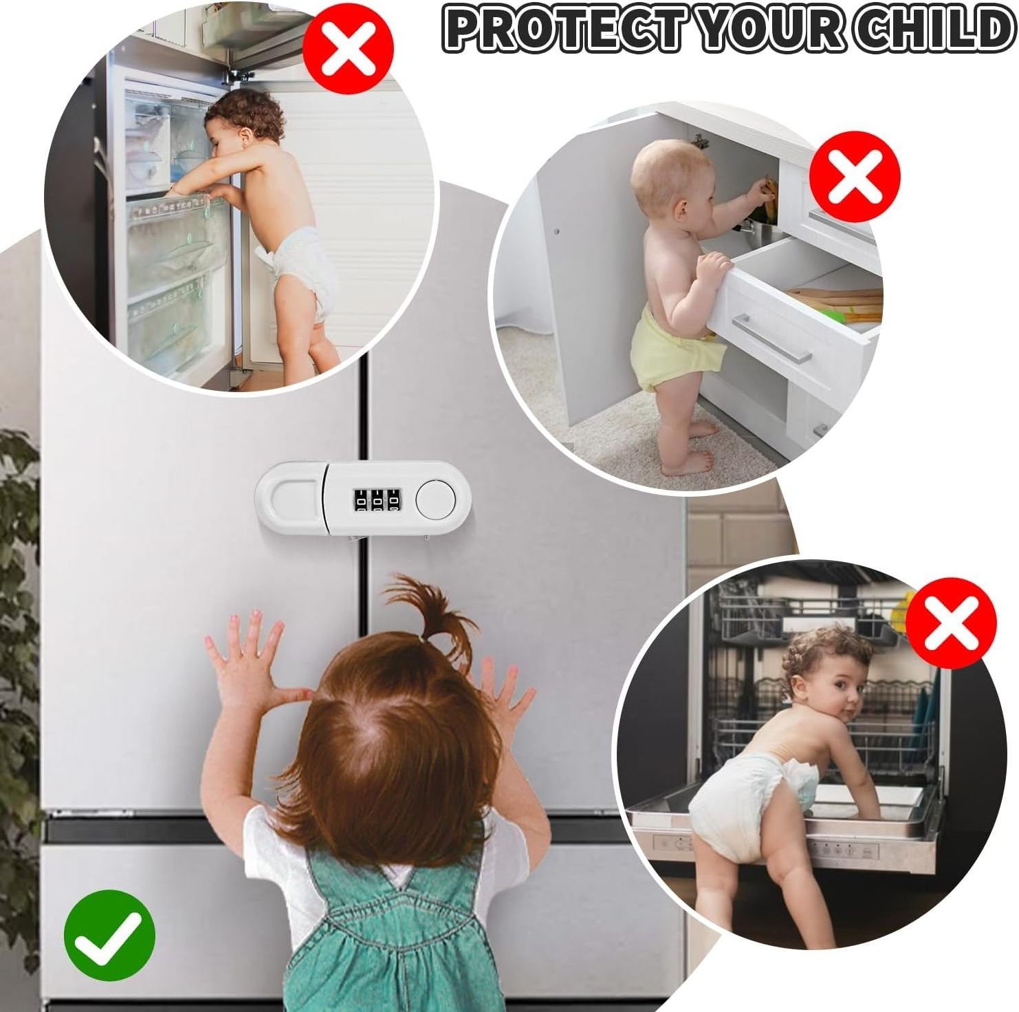 YH3134 Cabinet Locks Baby Proofing 4 Pack Fridge Locks For Kids Child Proof Combination Freezer Door Lock For Knob Toddlers Kids