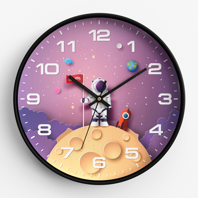 12-Inch 30cm Children's Room Wall Clock Silent Home Quartz Clock with Cartoon Astronaut Design for Bedroom Hanging