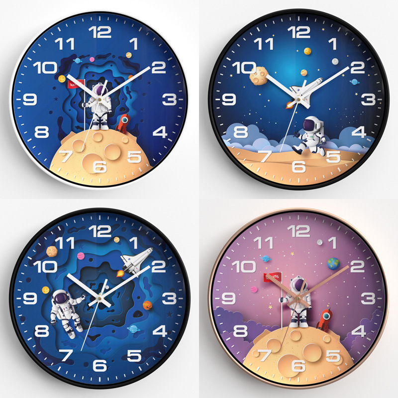 12-Inch 30cm Children's Room Wall Clock Silent Home Quartz Clock with Cartoon Astronaut Design for Bedroom Hanging