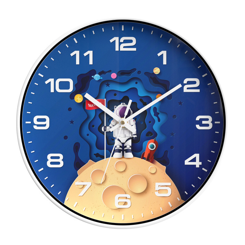 12-Inch 30cm Children's Room Wall Clock Silent Home Quartz Clock with Cartoon Astronaut Design for Bedroom Hanging