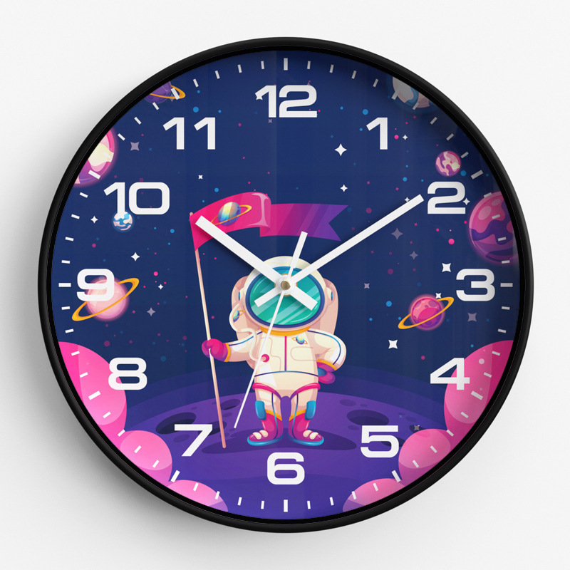 12-Inch 30cm Children's Room Wall Clock Silent Home Quartz Clock with Cartoon Astronaut Design for Bedroom Hanging