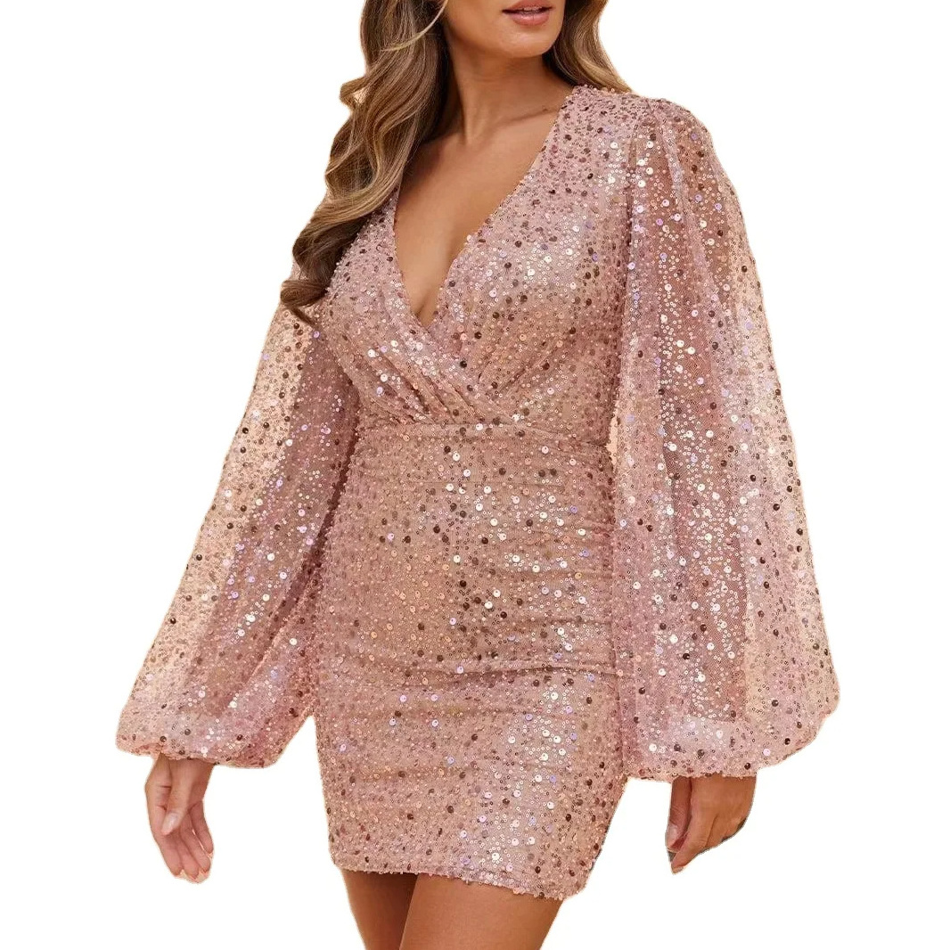 Custom Summer sequin Long Sleeve Shirt Dress birthday party dress girls Sexy Fashionable Lantern Sequin Beaded Sleeve Dress