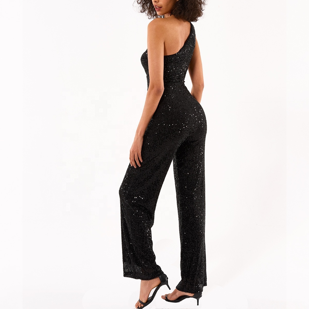 Fashion lady clothes women's clothing summer romper one shoulder sexy see through wide leg black sequin bodycon jumpsuit