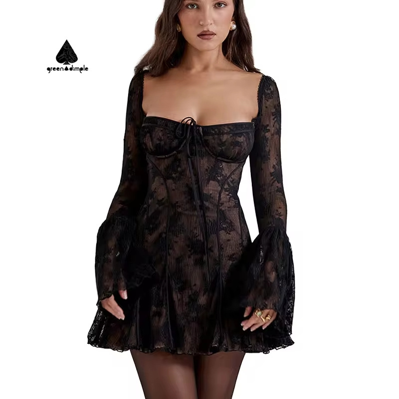 2024 Women's New Black Sexy Pure Desire Sheath Lace-Up Print Long-Sleeved Dress Casual Style for Wedding Made of Woven Fabric