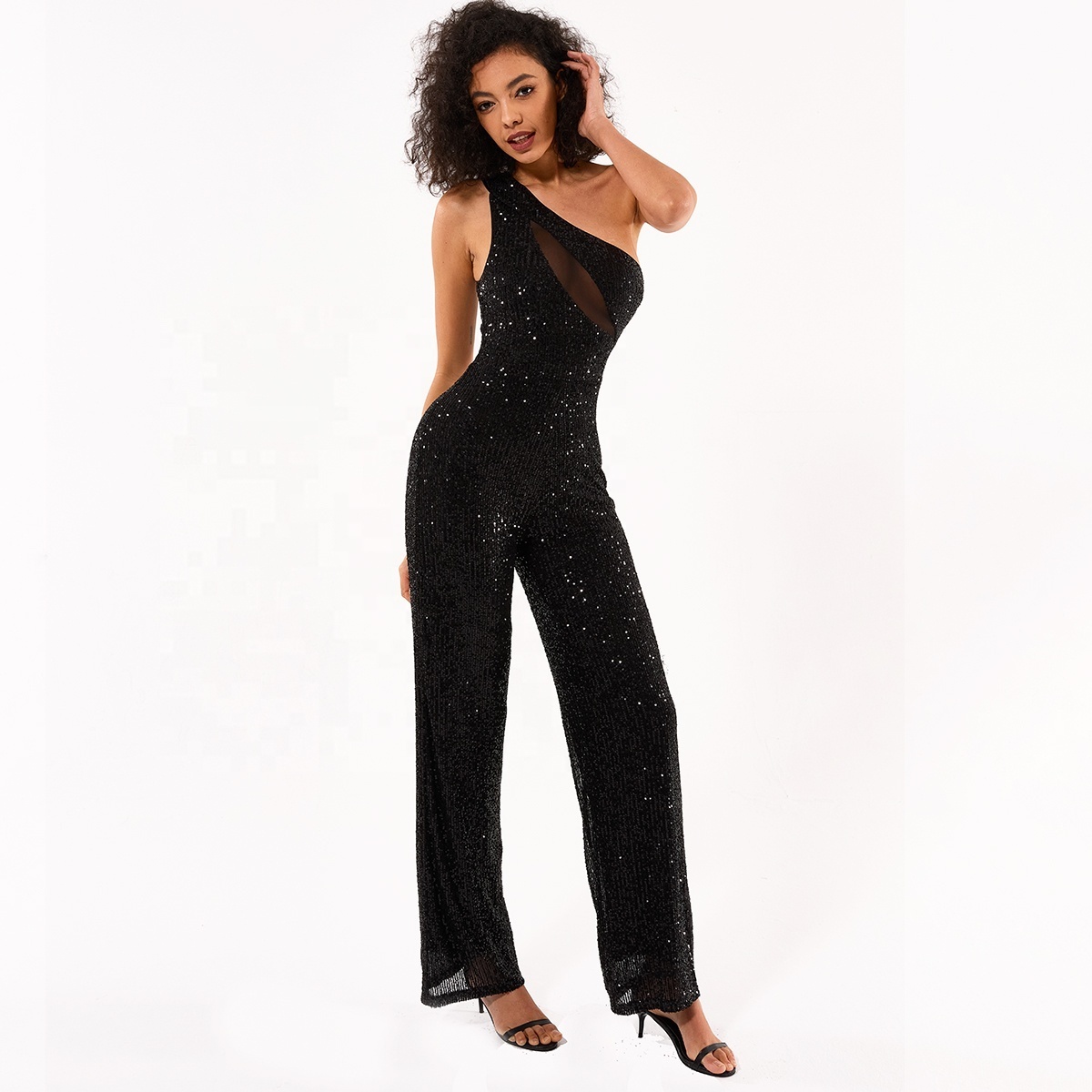 Fashion lady clothes women's clothing summer romper one shoulder sexy see through wide leg black sequin bodycon jumpsuit