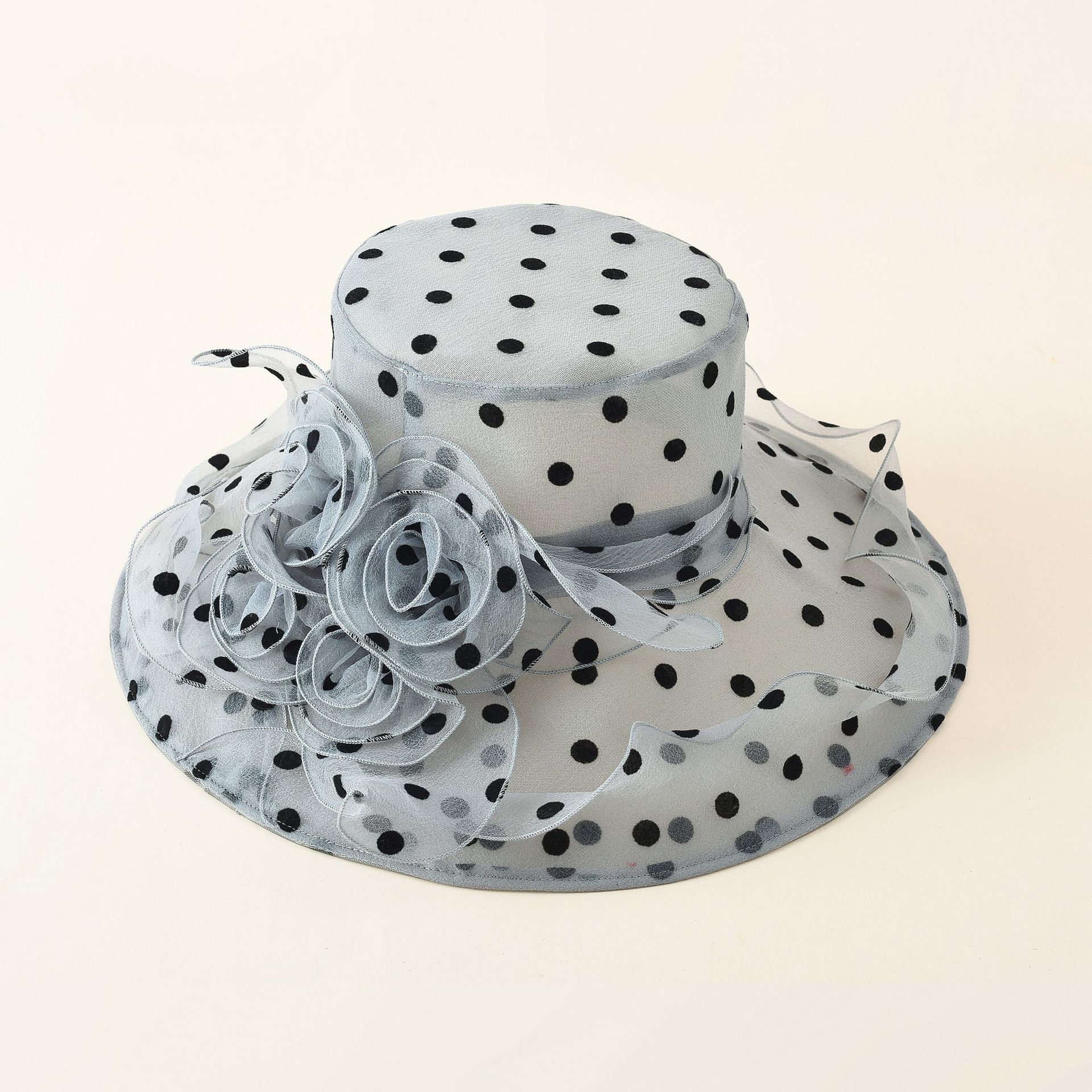 Fashion Gray Packable Women's Church Derby Tea Party Wedding Hat Polka Dot Organza Sun Hats