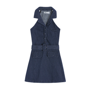 Medium Wash Button Front Sleeveless V-Neck Turn Down Sexy Denim Dress Ladies Jeans Dresses Long Dresses Female Lady Elegant