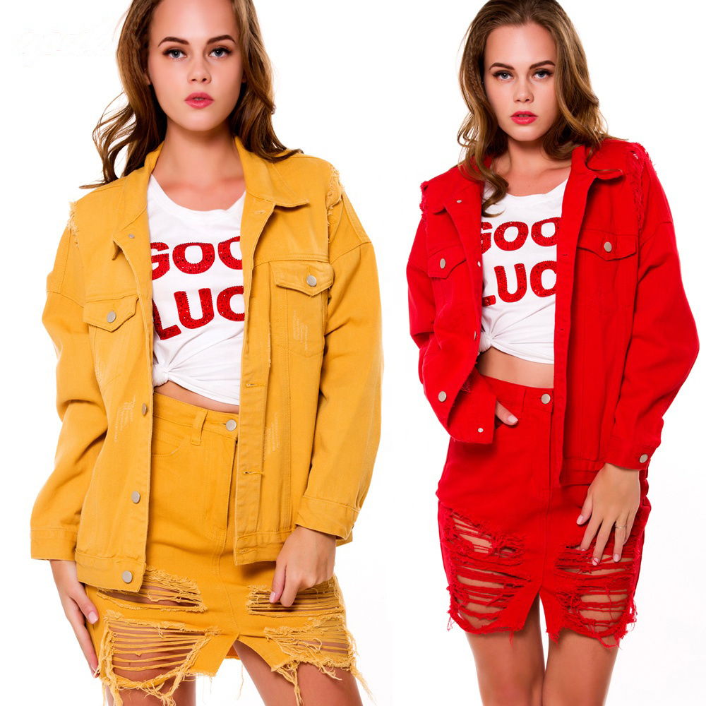 Wholesale Cotton Jackets Distressed Denim Coat Sexy Outerwear Fashion Red Yellow Women's Jacket sets