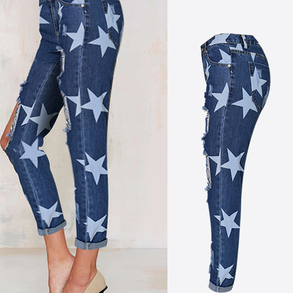 Wholesale crazy age printed denim jean straight women jeans