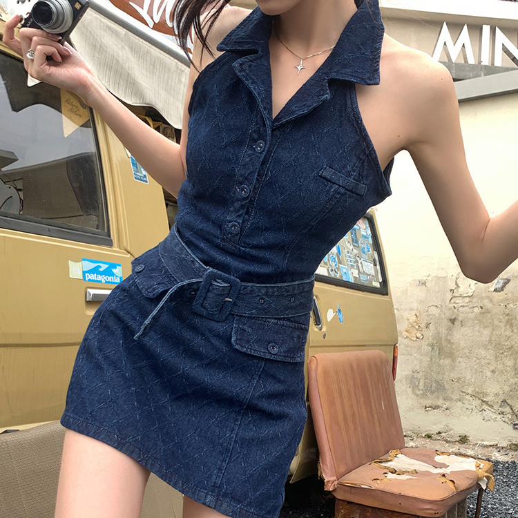 Medium Wash Button Front Sleeveless V-Neck Turn Down Sexy Denim Dress Ladies Jeans Dresses Long Dresses Female Lady Elegant