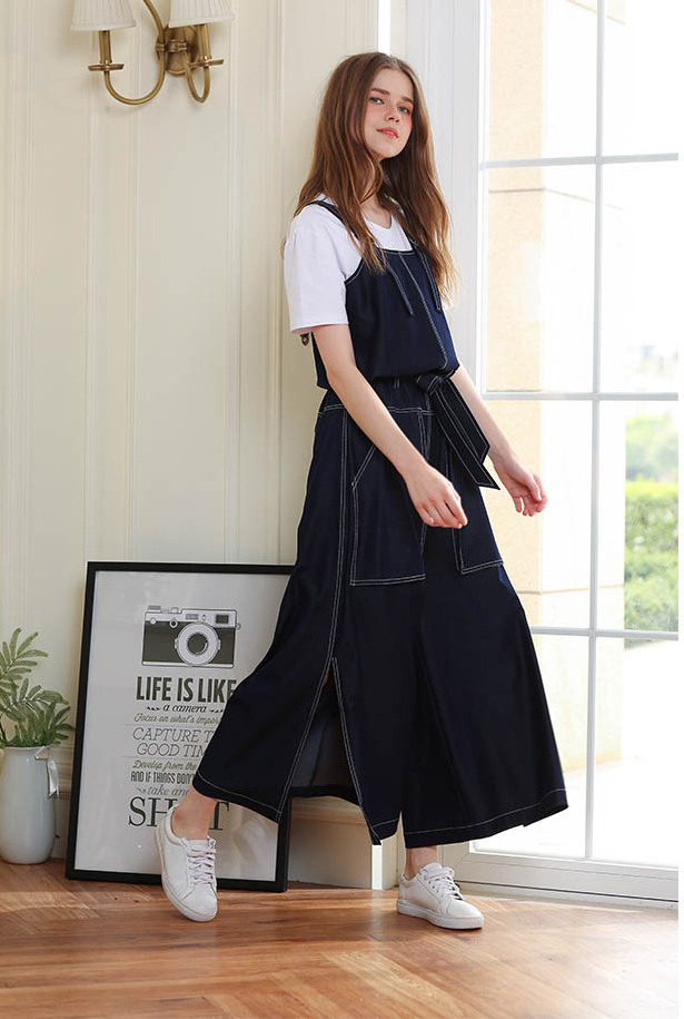 2021 spring fashion casual loose wide leg slit lady denim jumpsuit women jeans overalls wholesale