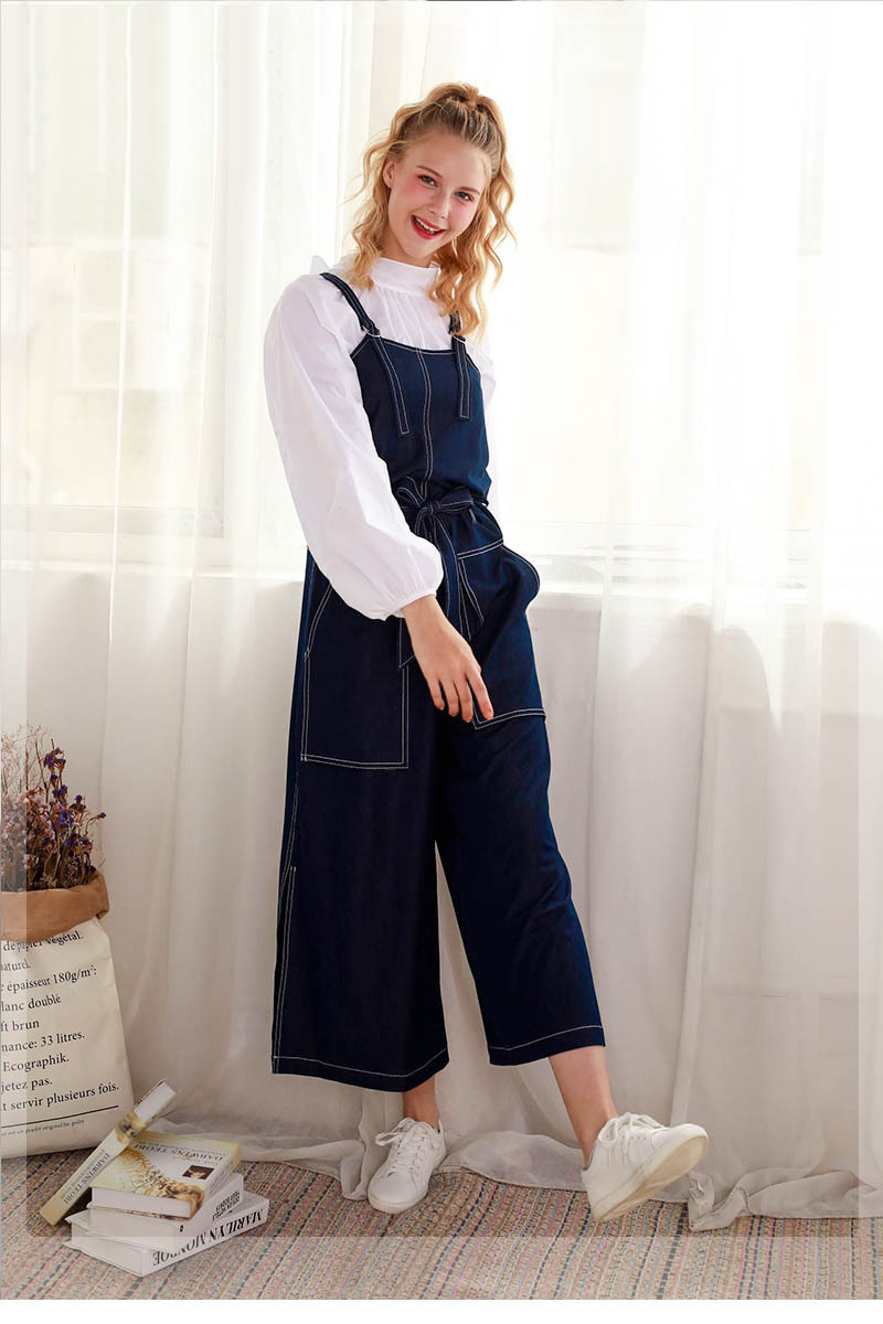 2021 spring fashion casual loose wide leg slit lady denim jumpsuit women jeans overalls wholesale