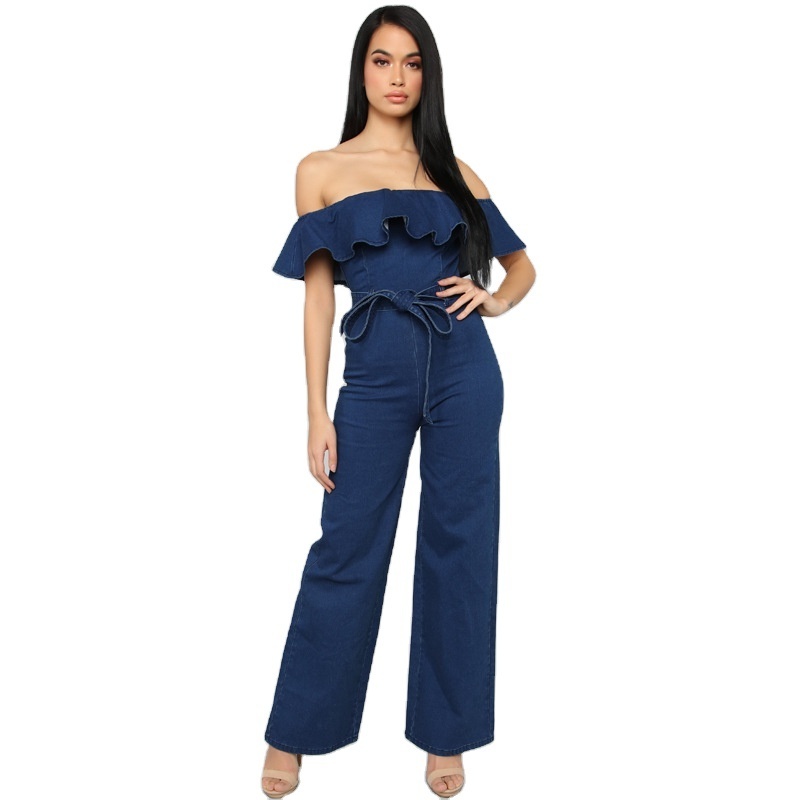 2021 Fashion new arrivals flounces off shoulder casual loose denim jumpsuit one piece women jeans overalls