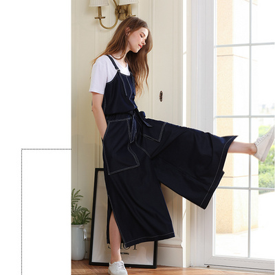 2021 spring fashion casual loose wide leg slit lady denim jumpsuit women jeans overalls wholesale