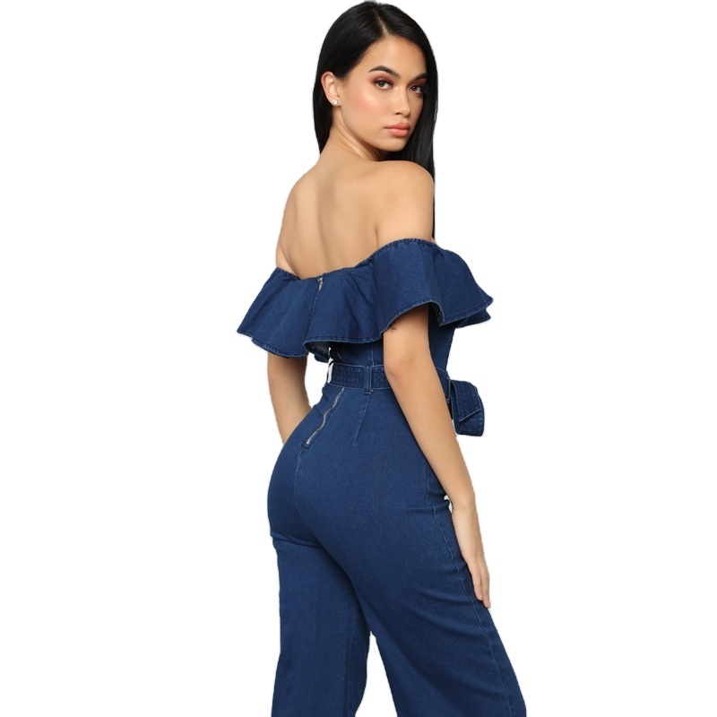 2021 Fashion new arrivals flounces off shoulder casual loose denim jumpsuit one piece women jeans overalls