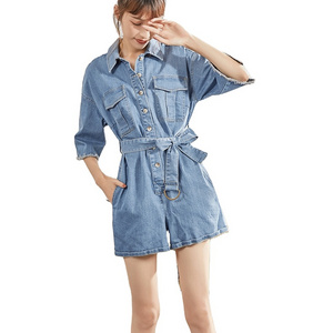 2021 Summer casual custom high waist cargo denim overalls women loose jeans jumpsuit