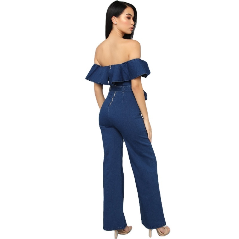 2021 Fashion new arrivals flounces off shoulder casual loose denim jumpsuit one piece women jeans overalls