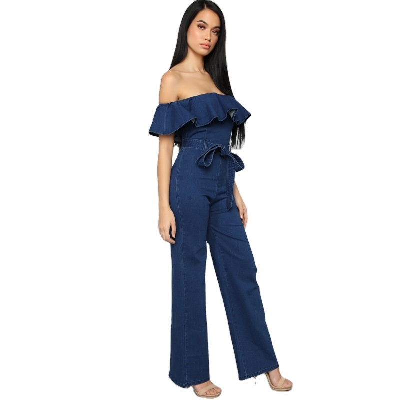 2021 Fashion new arrivals flounces off shoulder casual loose denim jumpsuit one piece women jeans overalls