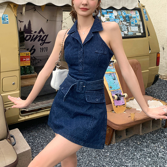 Medium Wash Button Front Sleeveless V-Neck Turn Down Sexy Denim Dress Ladies Jeans Dresses Long Dresses Female Lady Elegant