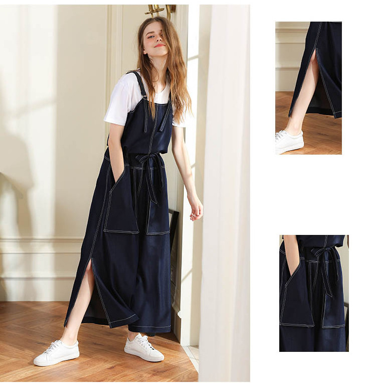 2021 spring fashion casual loose wide leg slit lady denim jumpsuit women jeans overalls wholesale