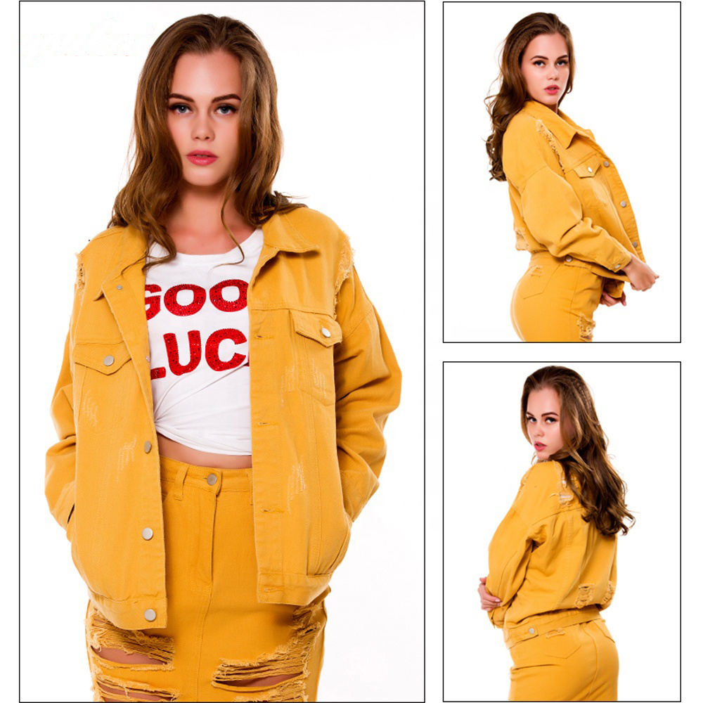 Wholesale Cotton Jackets Distressed Denim Coat Sexy Outerwear Fashion Red Yellow Women's Jacket sets