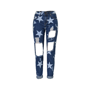 Wholesale crazy age printed denim jean straight women jeans