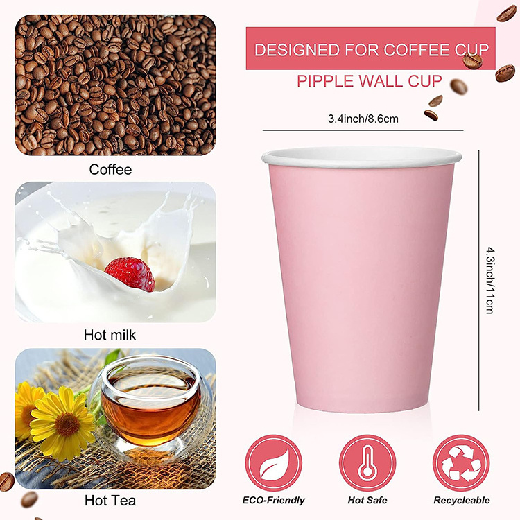 Customizable Eco Friendly Recyclable 8 Oz 12Oz Pink Disposable Paper Coffee Cups Packaging With Lids And Sleeve For Hot Drinks