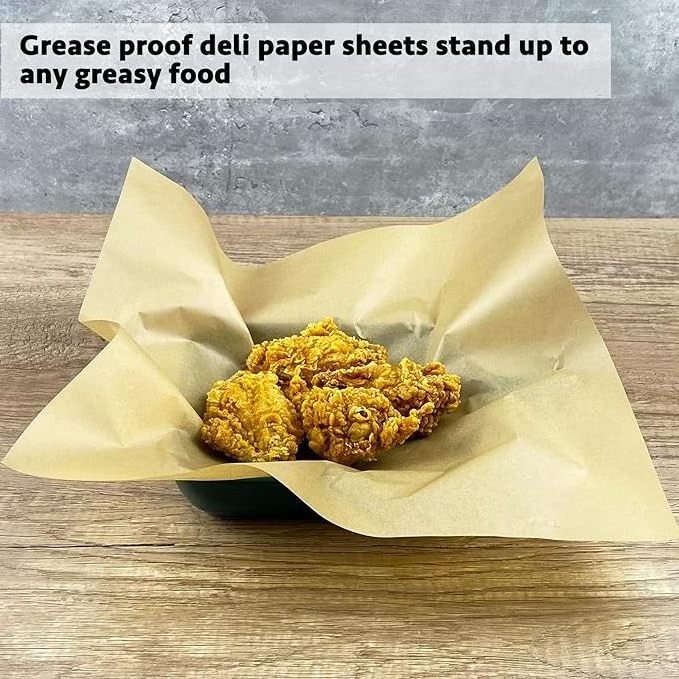 Oil Water Proof Brown Waxed Deli Fast Food Wrapping Baking Tissue Paper Sheets For Sandwich Hamburger Bread Fired Crisps