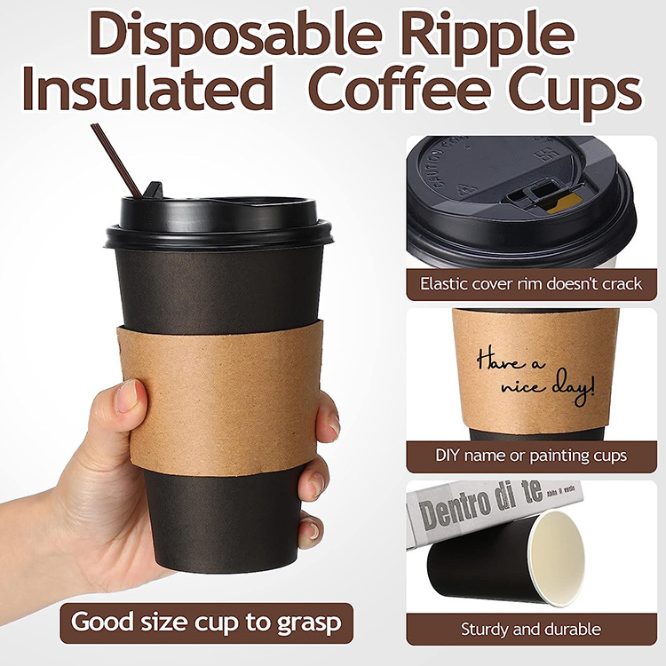 Custom Logo 12 Oz Hot Beverage Disposable Cup Eco Friendly Recycled White Black Coffee Paper Cups Packaging With Lid