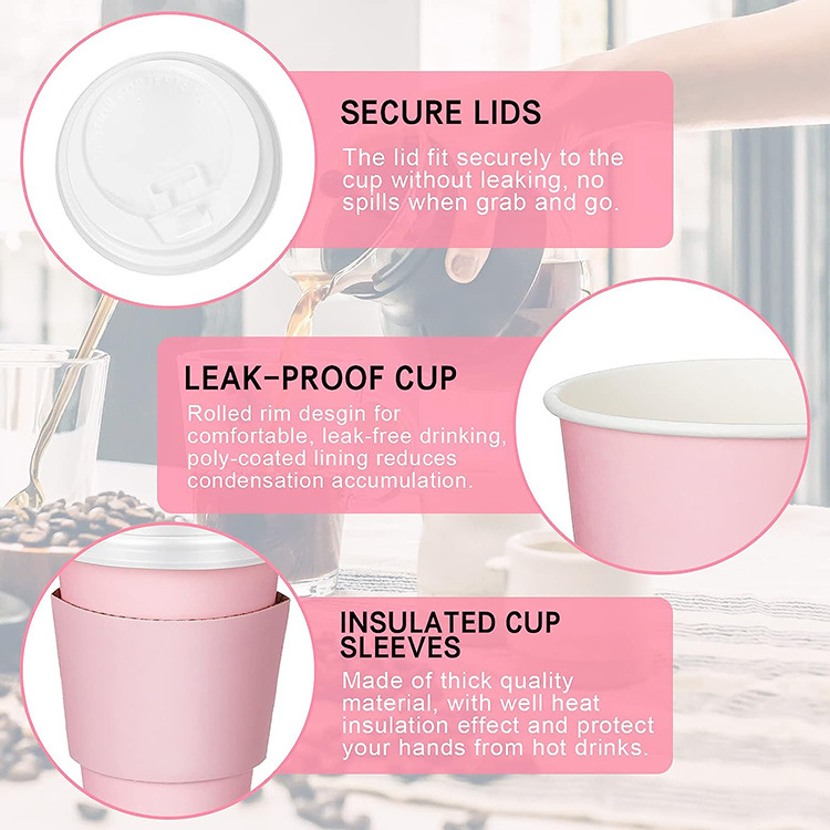 Customizable Eco Friendly Recyclable 8 Oz 12Oz Pink Disposable Paper Coffee Cups Packaging With Lids And Sleeve For Hot Drinks