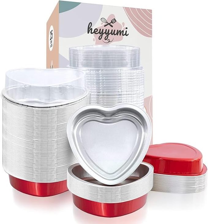 Mini Aluminum Foil Heart Shaped CupCake Baking Pan Liners Muffin Tin Container With Lids  For Valentine's Day(Red)