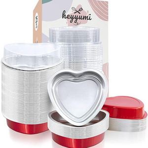 Mini Aluminum Foil Heart Shaped CupCake Baking Pan Liners Muffin Tin Container With Lids  For Valentine's Day(Red)