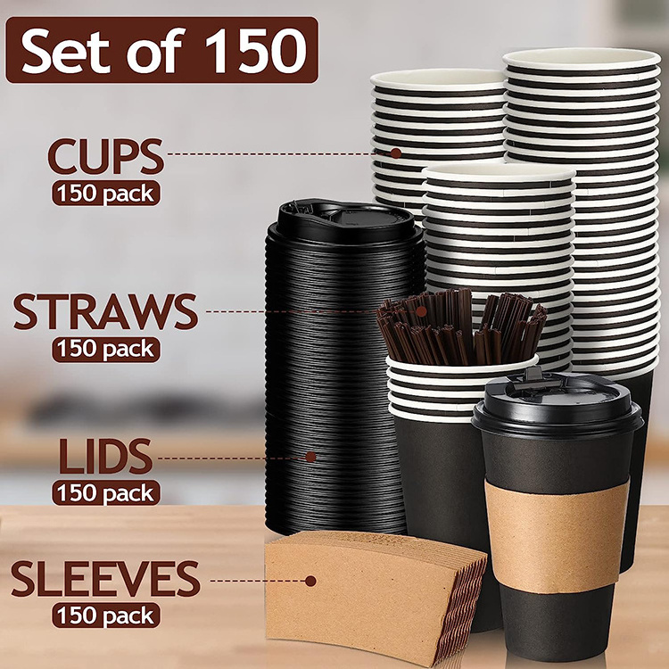 Custom Logo 12 Oz Hot Beverage Disposable Cup Eco Friendly Recycled White Black Coffee Paper Cups Packaging With Lid