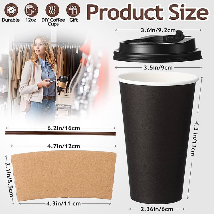 Custom Logo 12 Oz Hot Beverage Disposable Cup Eco Friendly Recycled White Black Coffee Paper Cups Packaging With Lid