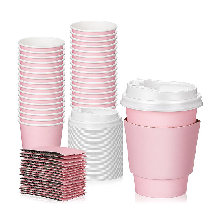 Customizable Eco Friendly Recyclable 8 Oz 12Oz Pink Disposable Paper Coffee Cups Packaging With Lids And Sleeve For Hot Drinks