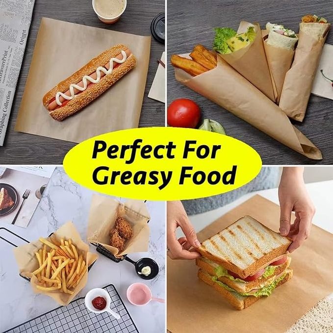 Oil Water Proof Brown Waxed Deli Fast Food Wrapping Baking Tissue Paper Sheets For Sandwich Hamburger Bread Fired Crisps