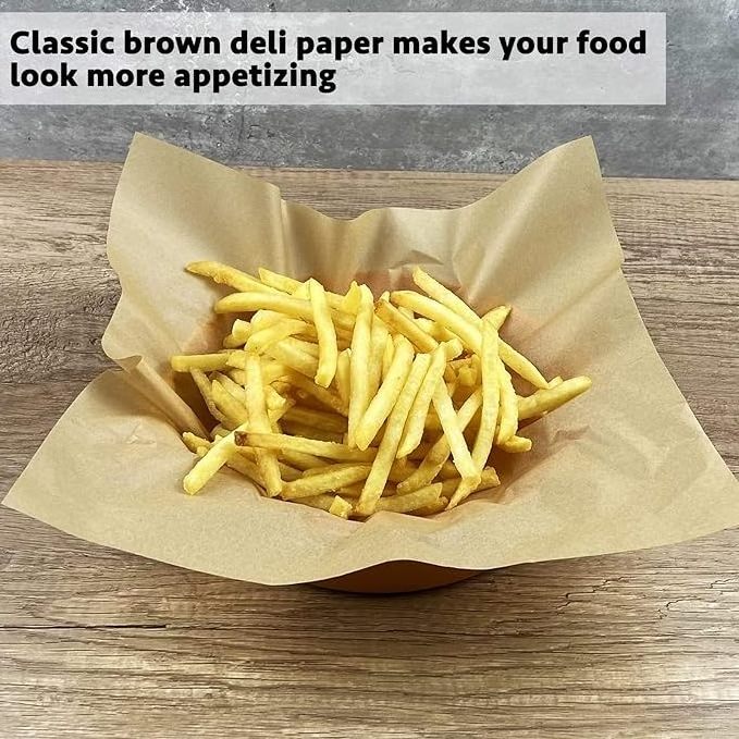 Oil Water Proof Brown Waxed Deli Fast Food Wrapping Baking Tissue Paper Sheets For Sandwich Hamburger Bread Fired Crisps