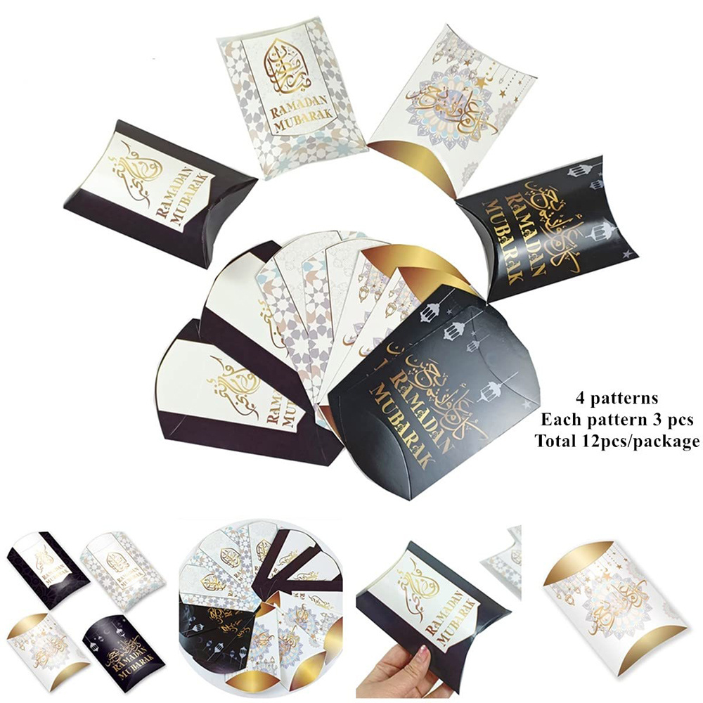 12pcs Eid Mubarak Candy Boxes Packaging Muslim Ramadan Goodie Sweet Treat Gift Wrap Pillow Box for Snack Sugar Chocolate