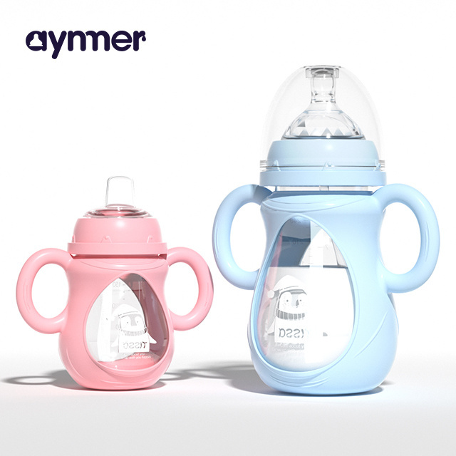 New Design Baby Bottle Wide Neck Glass Feeding Bottle for Newborn Baby Silicone Cover Anti Fall