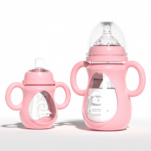 New Design Baby Bottle Wide Neck Glass Feeding Bottle for Newborn Baby Silicone Cover Anti Fall