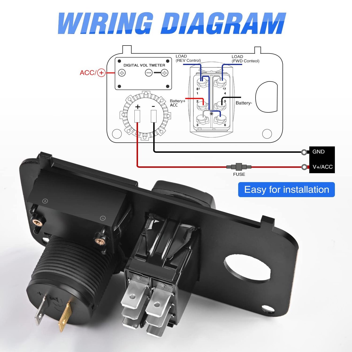 Golf Cart Key Switch Console Panel 9V-48V DC Forward Reverse Rocker Switch 4.8A Dual USB Quick Charger LED Digital Voltmeter