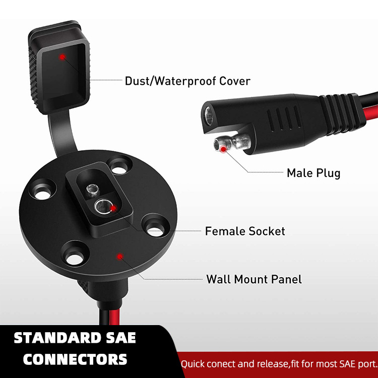 SAE Power Socket Sidewall Port Quick Connect Solar Panel Flush Mount Connector Plug Cable for Solar Generator Battery Charger