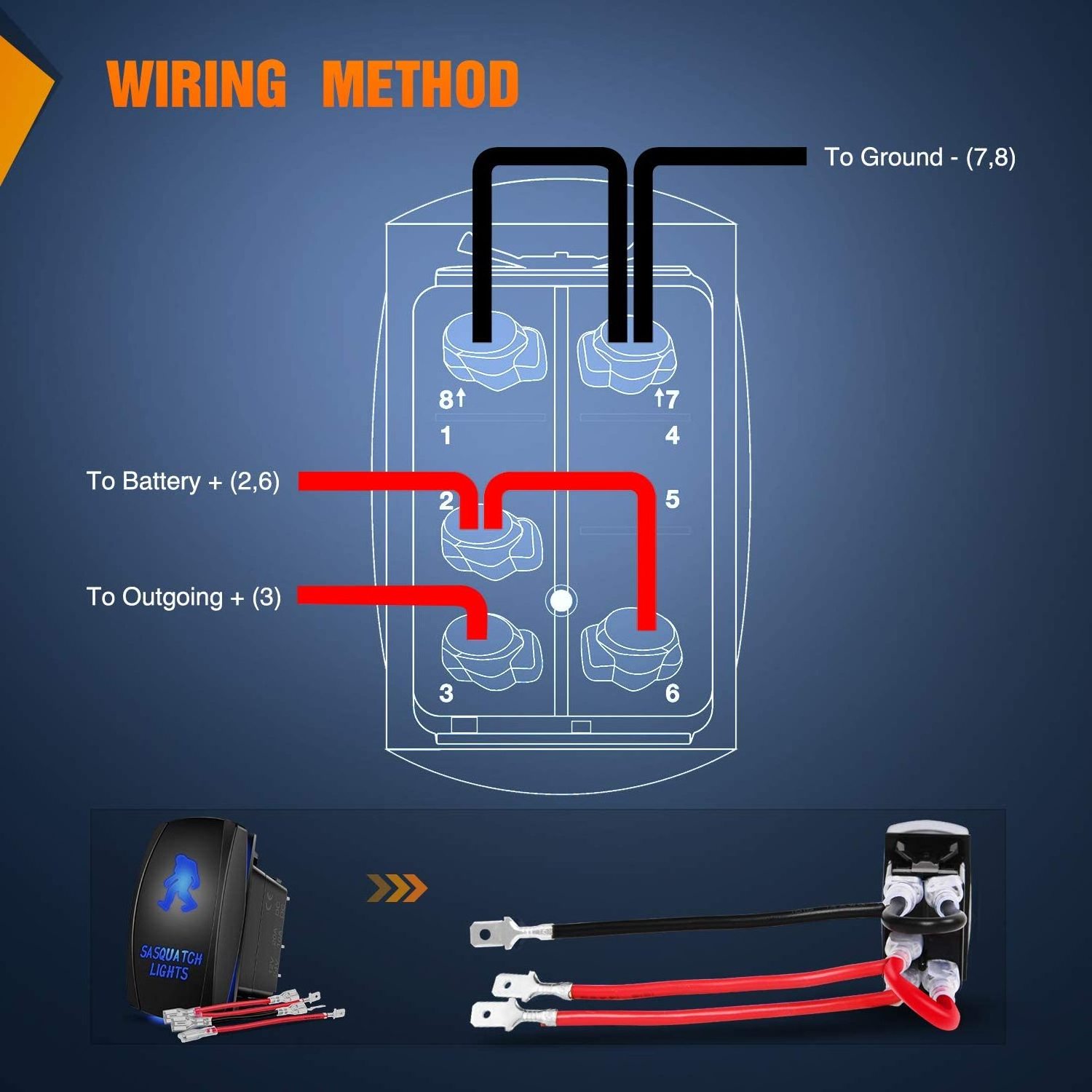 SASQUATCH LIGHTS Rocker Switch 5Pin Laser On/Off LED Light 20A/12V 10A/24V Switch Jumper Wires Set for Jeep Boat Trucks