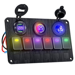 Universal 12V-24V 6 Gang Golden Rocker Switch Panel with voltmeter power socket  dual QC 3.0 fast charging USB Car Marine RV