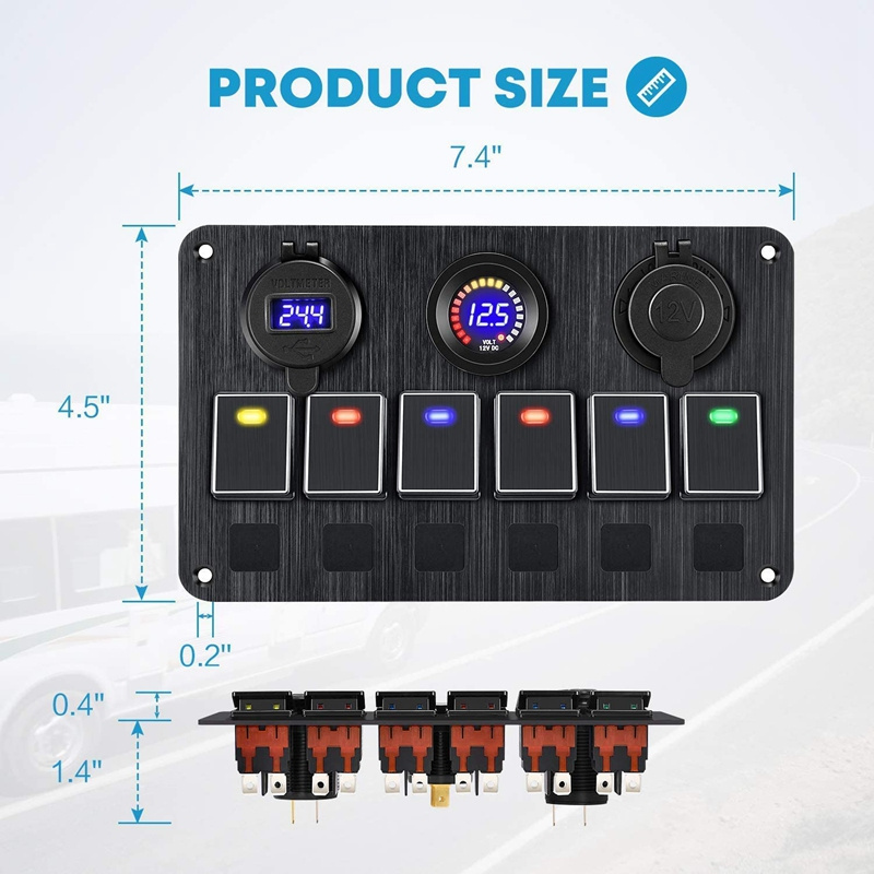 Universal 12V-24V 6 Gang Golden Rocker Switch Panel with voltmeter power socket  dual QC 3.0 fast charging USB Car Marine RV