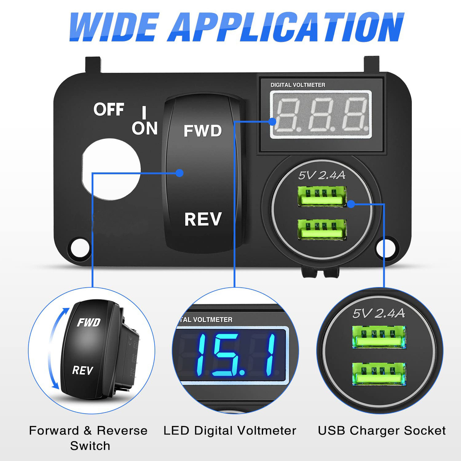 Golf Cart Key Switch Console Panel 9V-48V DC Forward Reverse Rocker Switch 4.8A Dual USB Quick Charger LED Digital Voltmeter