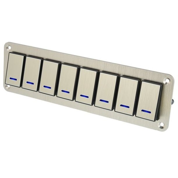 Car Boat 8 Gang 5 Pin Toggle Rocker Switch Panel 12V/24V Circuit Breaker Blue LED Indicator Aluminum Alloy Gold Tone